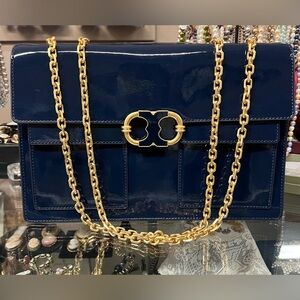 Tory Burch Navy Patent Leather Bag with Gold Chain